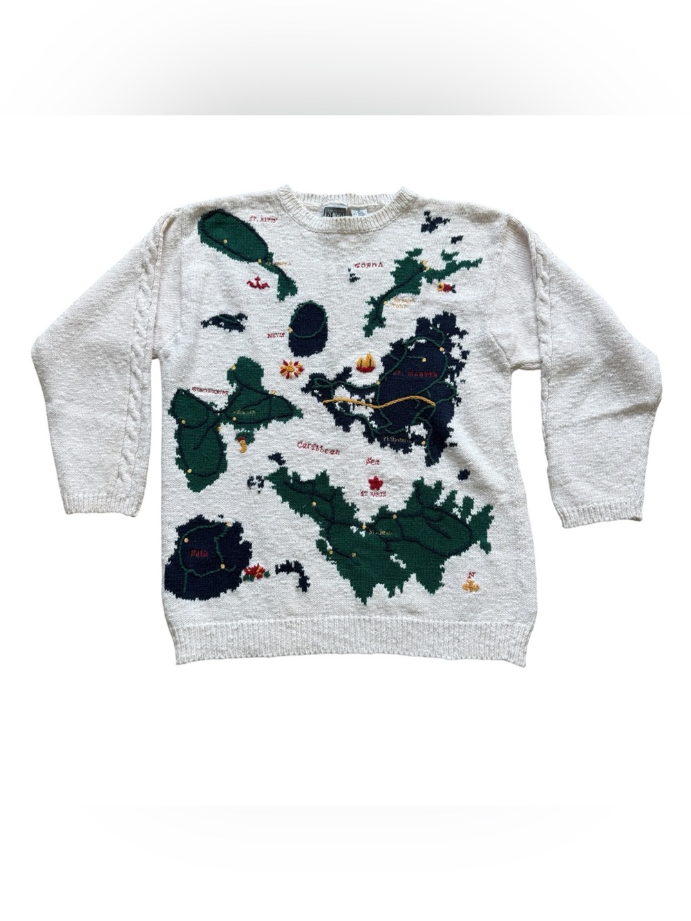 Vintage Rico Sport M Caribbean Map Embroidered Ramie Cotton Coastal Knit Sweater